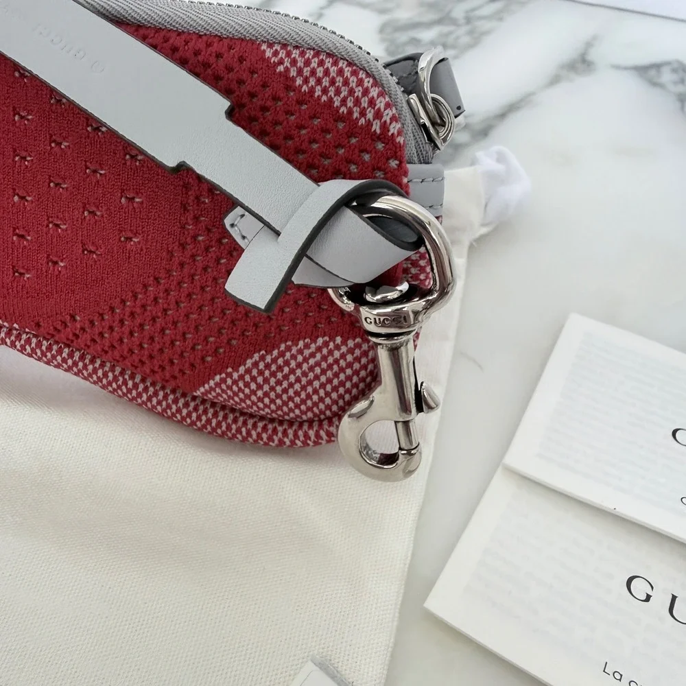 Gucci Red Technical Knit Glasses Case Zip Pouch with Strap 824707